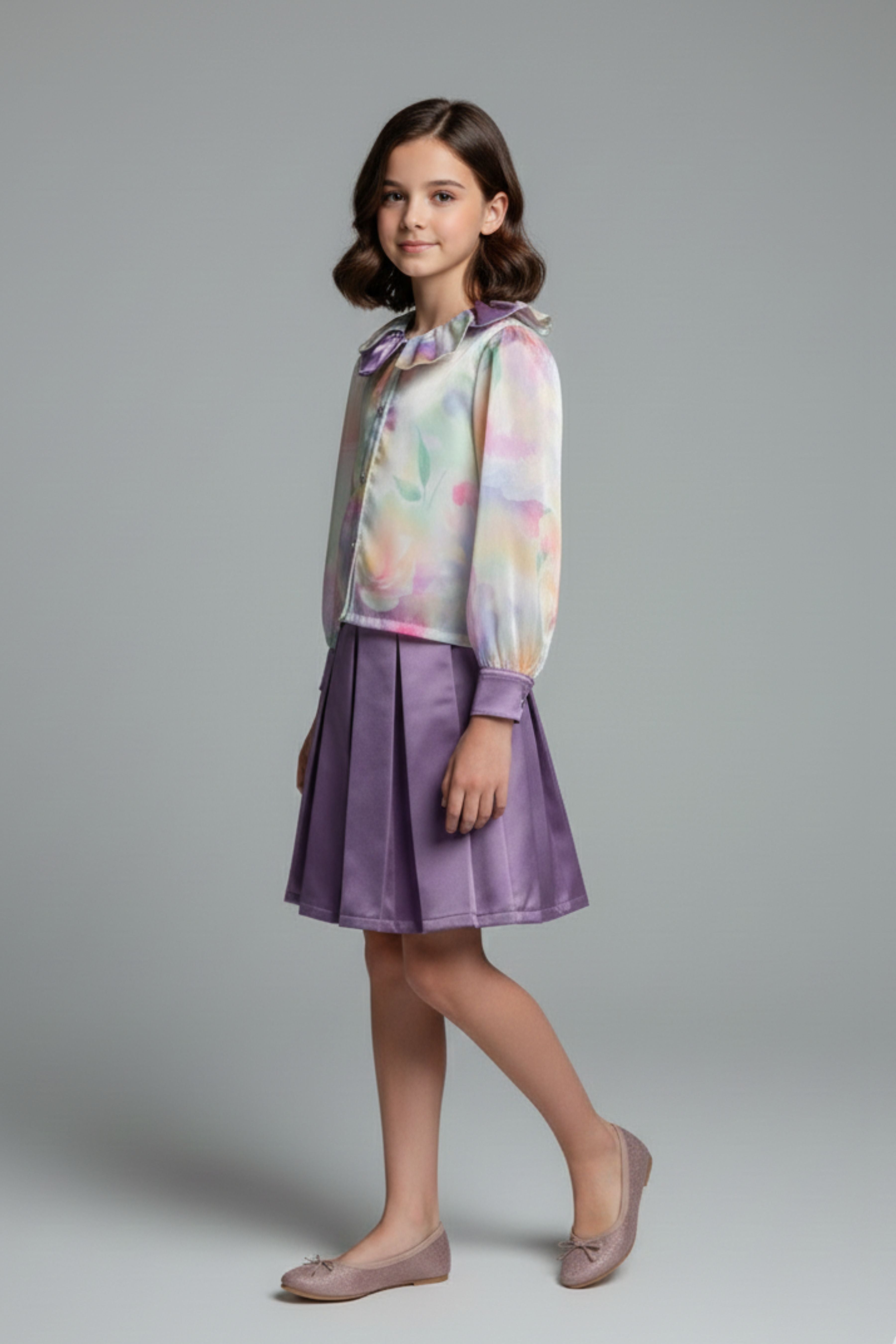 Tiny Girl Purple Floral Party Wear Top & Skirt Set for Girls