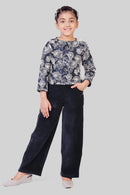 Tiny Girl Navy Blue Embroidered Top & Wide-Leg Pant Set for Girls