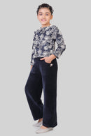 Tiny Girl Navy Blue Embroidered Top & Wide-Leg Pant Set for Girls