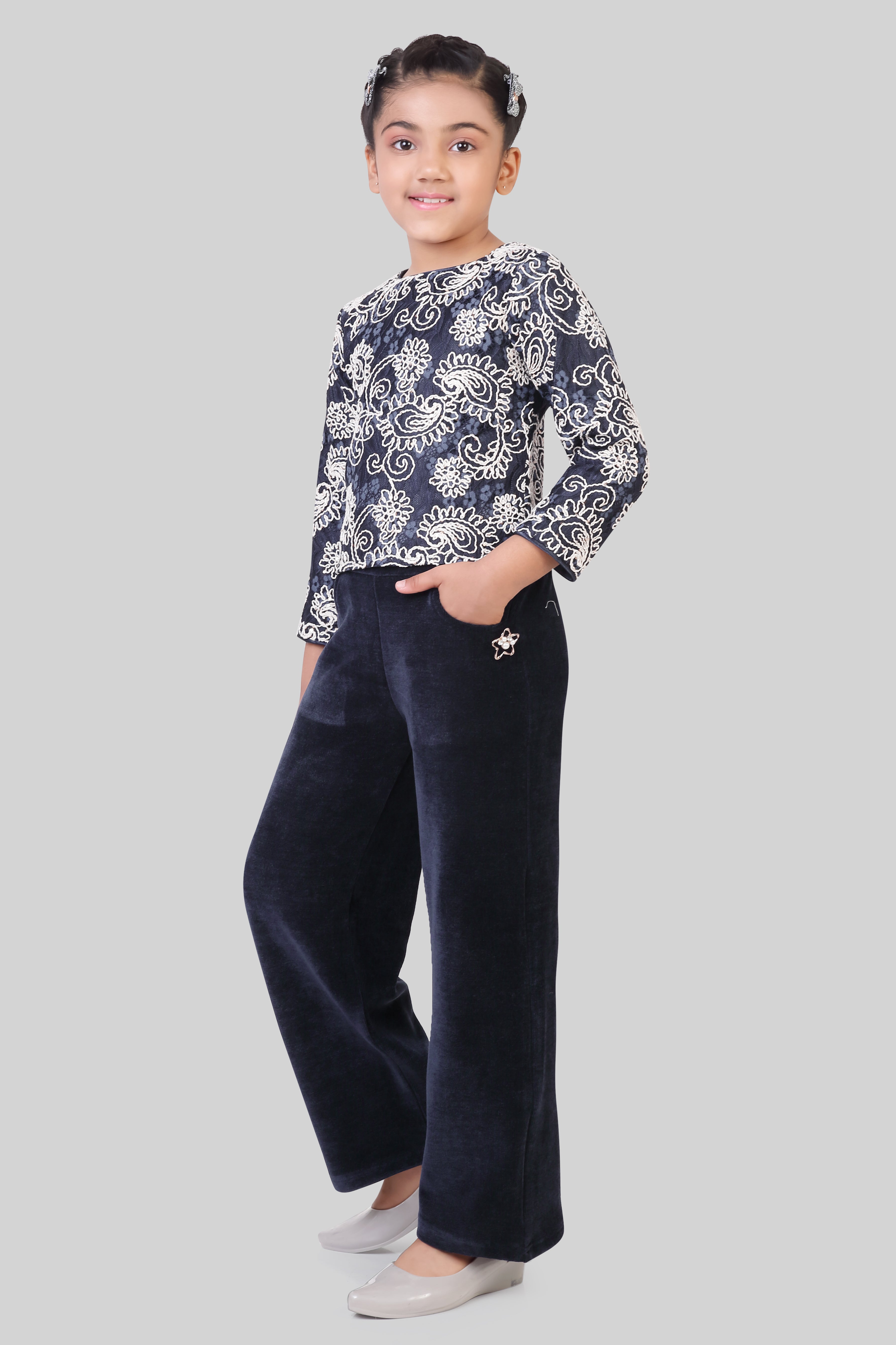 Tiny Girl Navy Blue Embroidered Top & Wide-Leg Pant Set for Girls