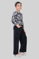 Tiny Girl Navy Blue Embroidered Top & Wide-Leg Pant Set for Girls