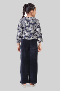 Tiny Girl Navy Blue Embroidered Top & Wide-Leg Pant Set for Girls