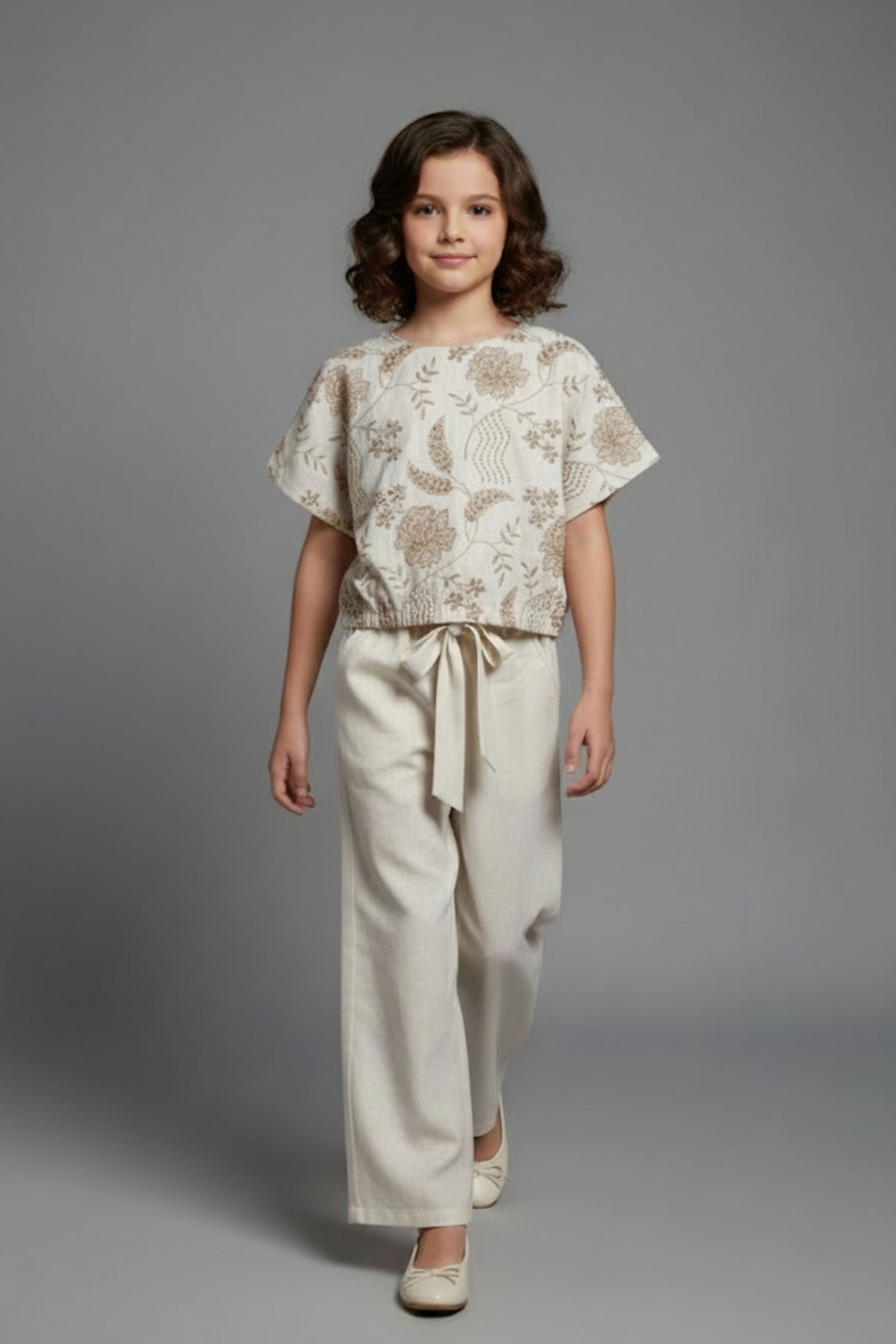 Tiny Girl Girls Co Ord Set Cream Printed Cotton Summer Wear