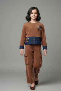 Tiny Girl Girls Co Ord Set Brown Solid Cotton Winter Wear