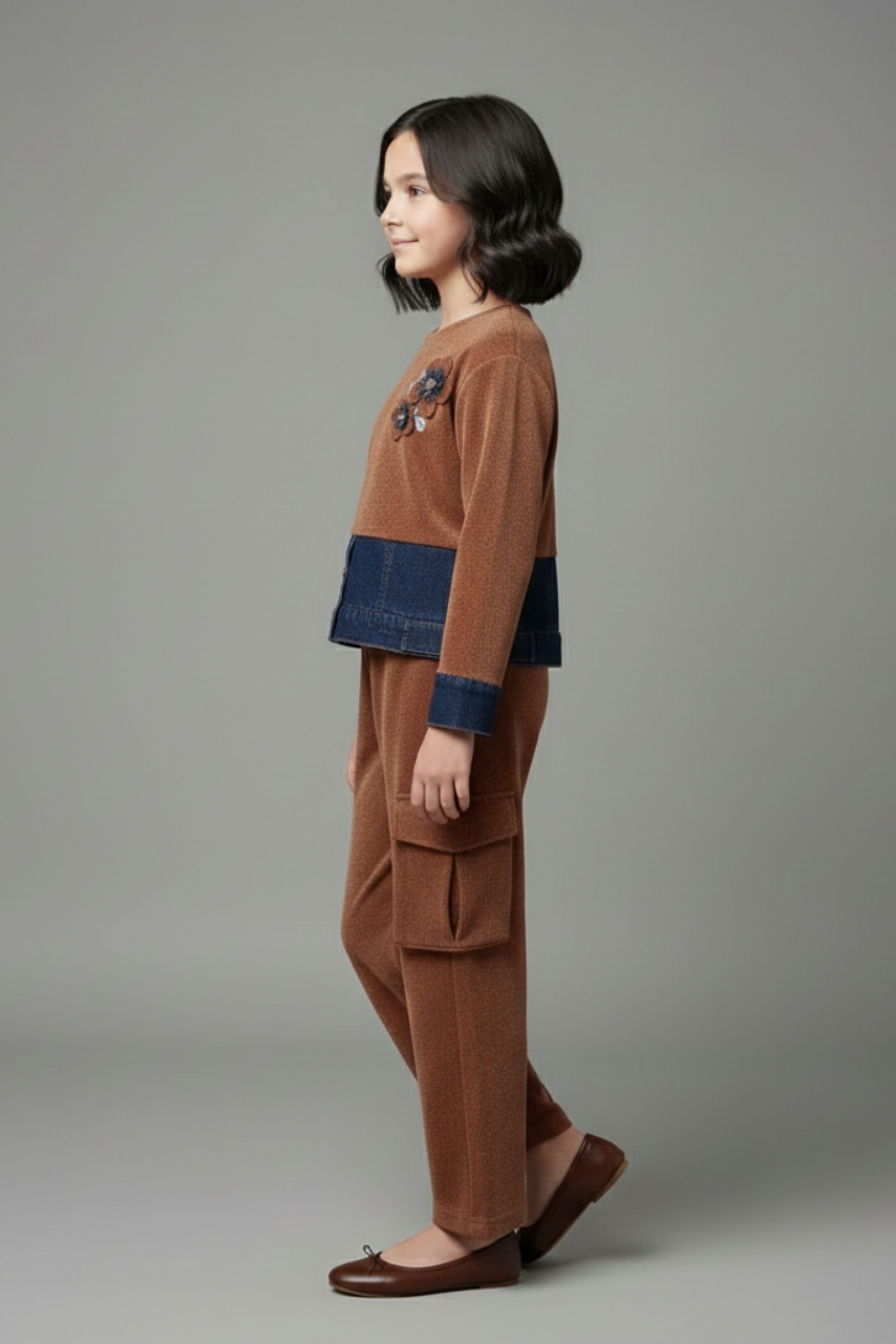 Tiny Girl Girls Co Ord Set Brown Solid Cotton Winter Wear