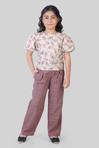 Tiny Girl Onion Pink Leaf Print Top & Trousers Set | Girls Stylish Casual Outfit | Kids