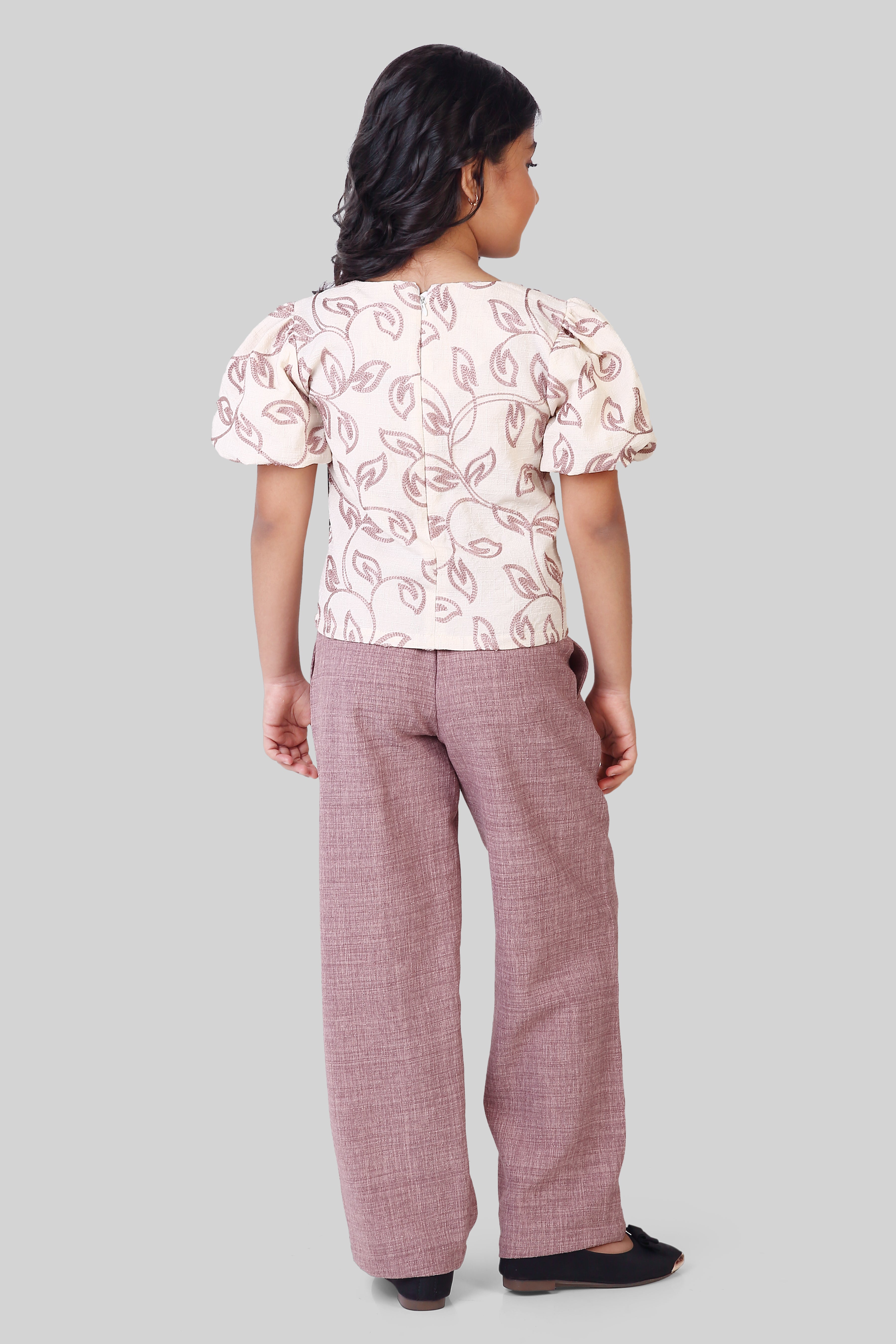 Tiny Girl Onion Pink Leaf Print Top & Trousers Set | Girls Stylish Casual Outfit | Kids