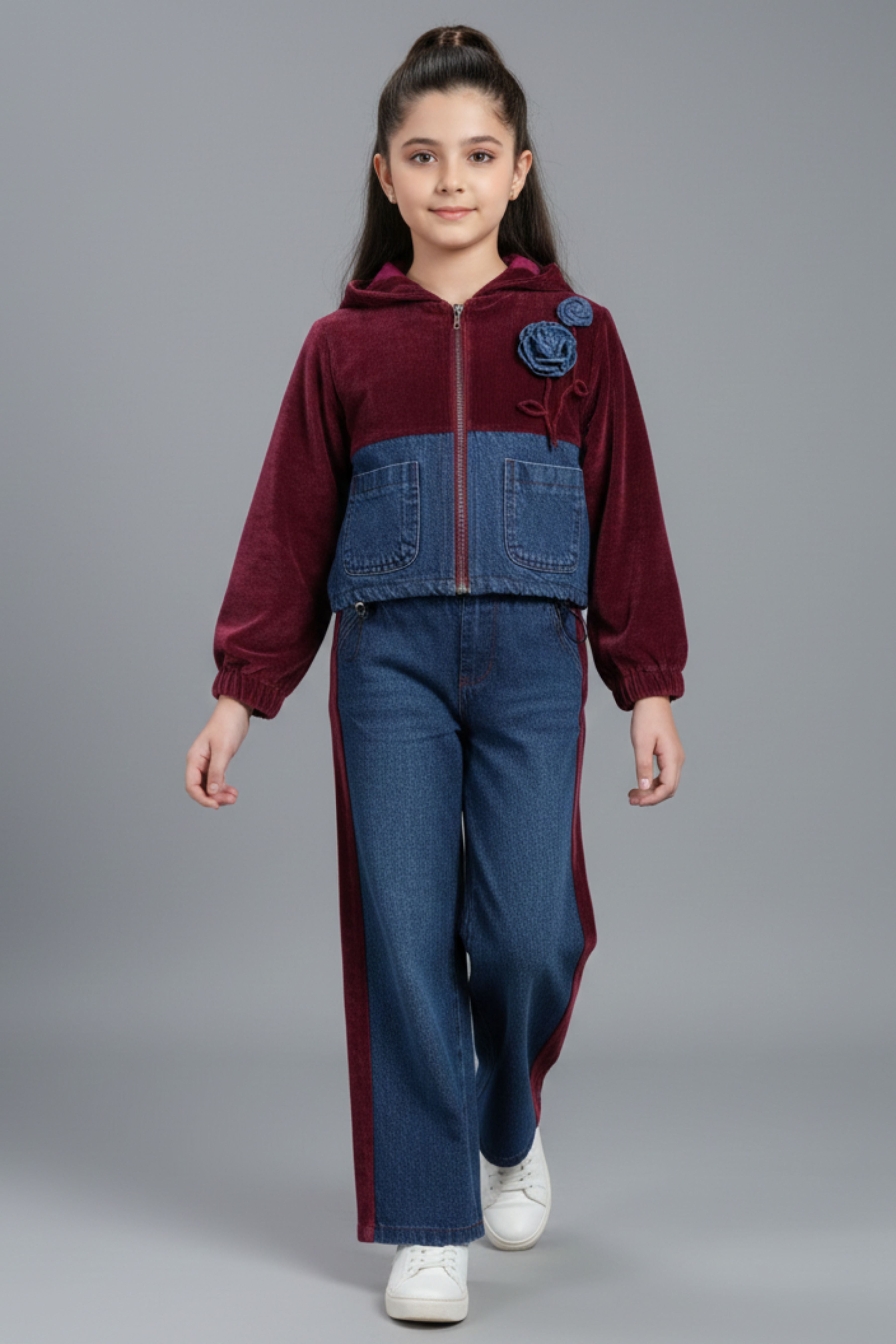 Tiny Girl Girls Co Ord Set Maroon Denim Cotton Winter Wear