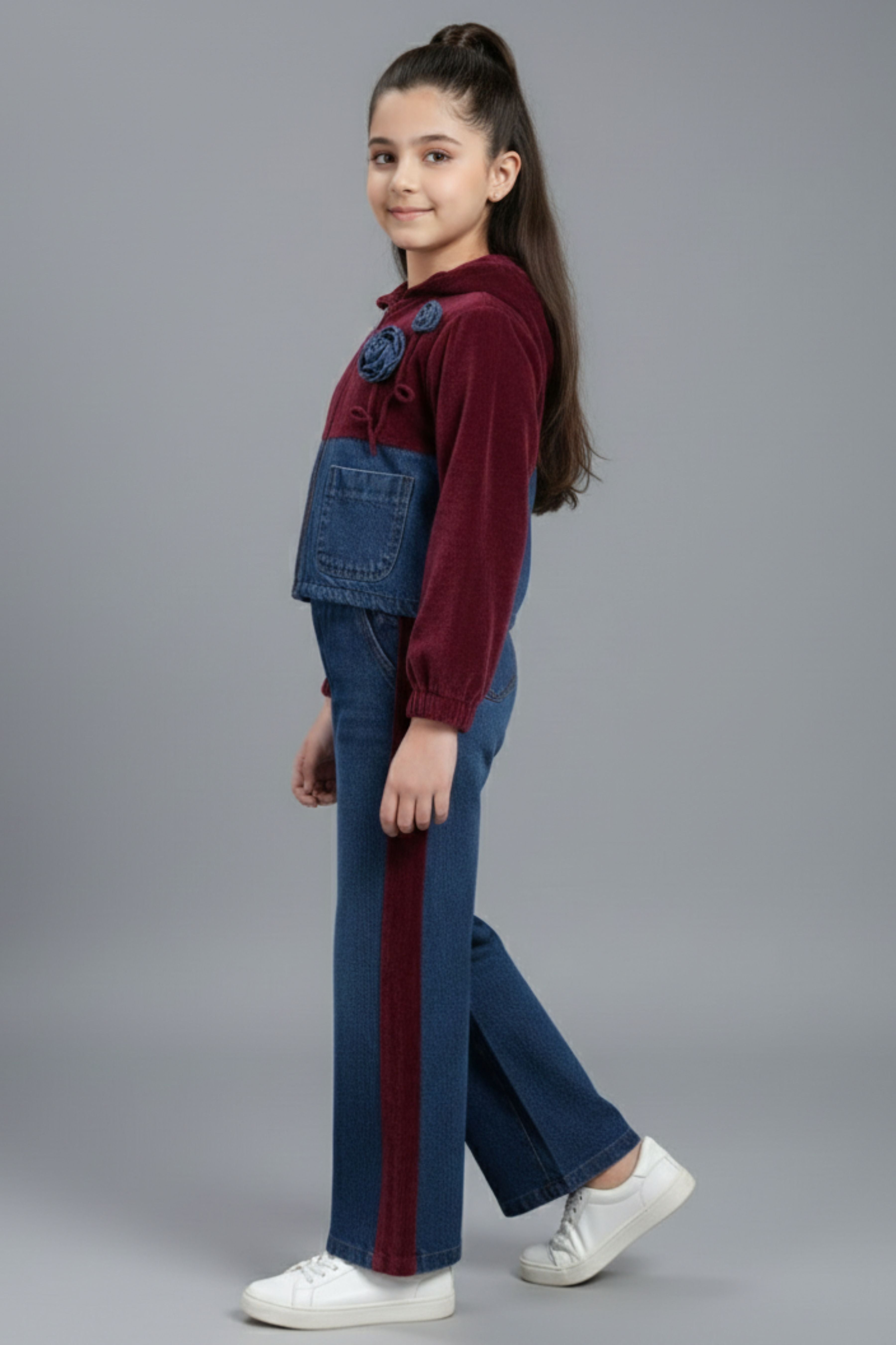 Tiny Girl Girls Co Ord Set Maroon Denim Cotton Winter Wear