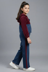 Tiny Girl Girls Co Ord Set Maroon Denim Cotton Winter Wear
