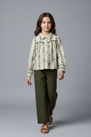 Tiny Girl Olive Green Embroidered Top & Wide-Leg Pants Set for Girls