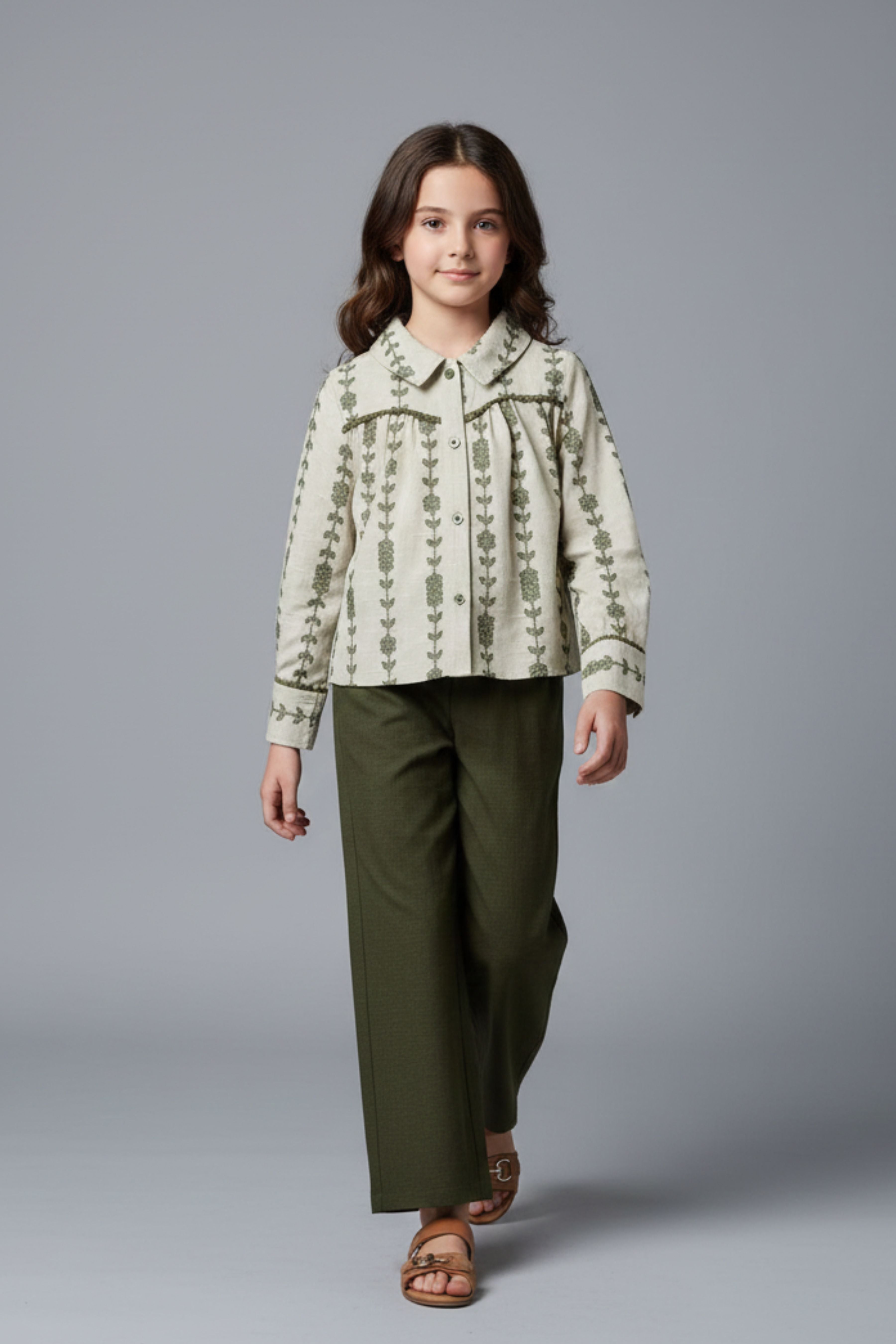Tiny Girl Olive Green Embroidered Top & Wide-Leg Pants Set for Girls