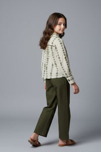 Tiny Girl Olive Green Embroidered Top & Wide-Leg Pants Set for Girls