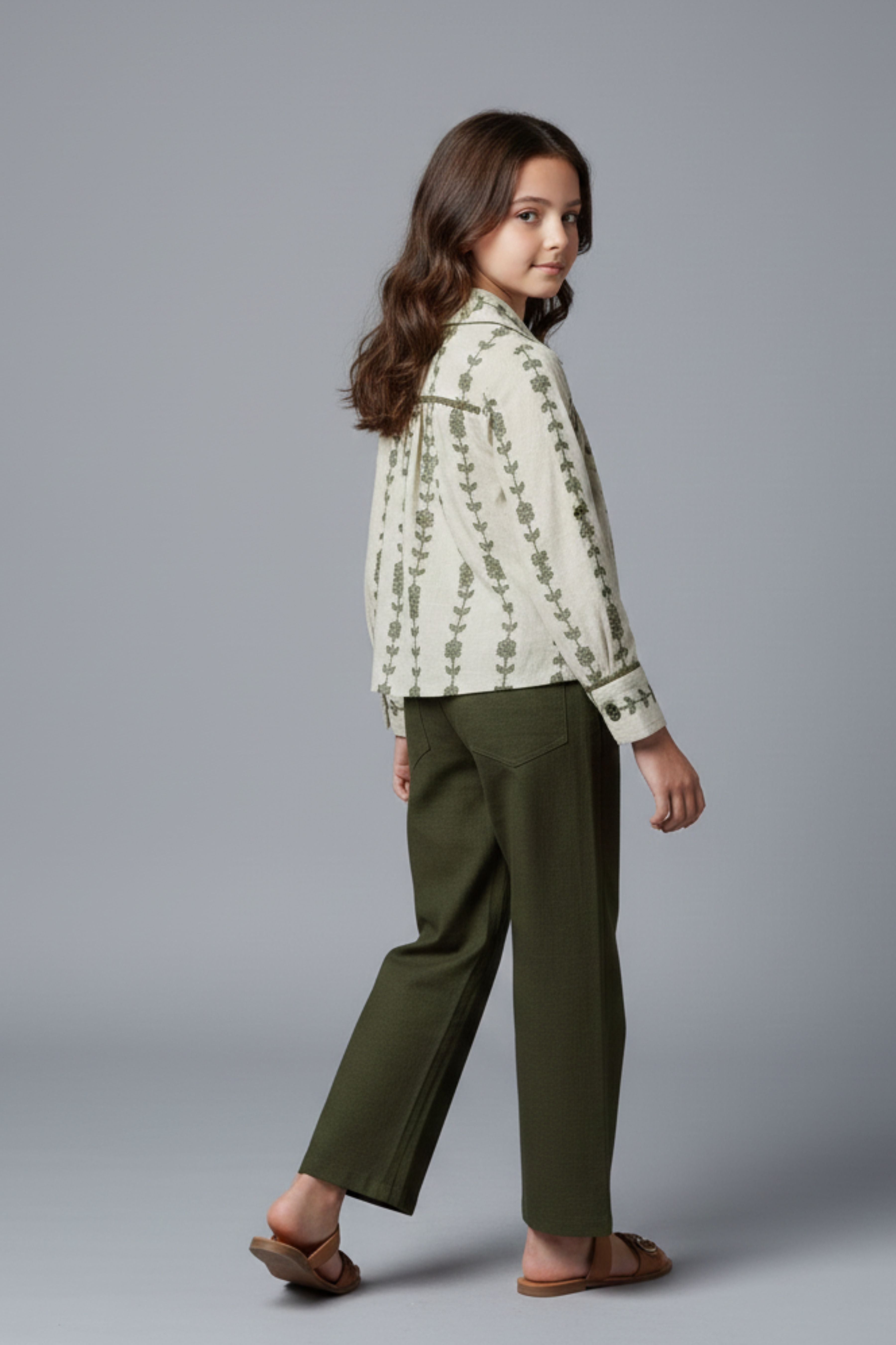 Tiny Girl Olive Green Embroidered Top & Wide-Leg Pants Set for Girls