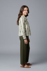 Tiny Girl Olive Green Embroidered Top & Wide-Leg Pants Set for Girls