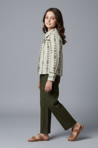 Tiny Girl Olive Green Embroidered Top & Wide-Leg Pants Set for Girls