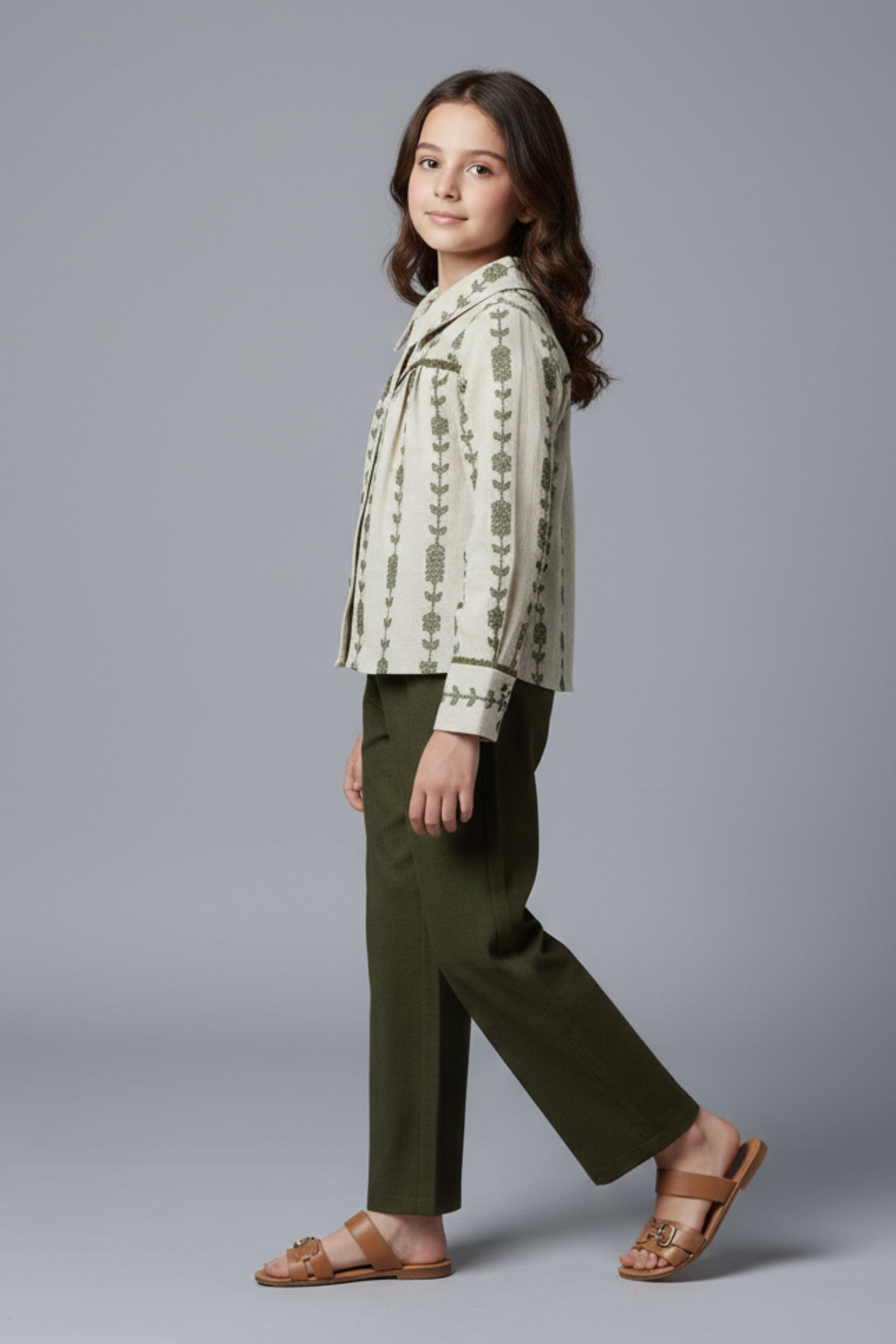 Tiny Girl Olive Green Embroidered Top & Wide-Leg Pants Set for Girls
