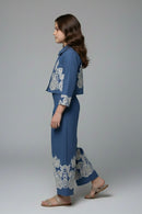 Tiny Girl Blue Embroidered Jacket & Wide-Leg Pants Co-Ord Set for Girls