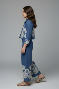 Tiny Girl Blue Embroidered Jacket & Wide-Leg Pants Co-Ord Set for Girls
