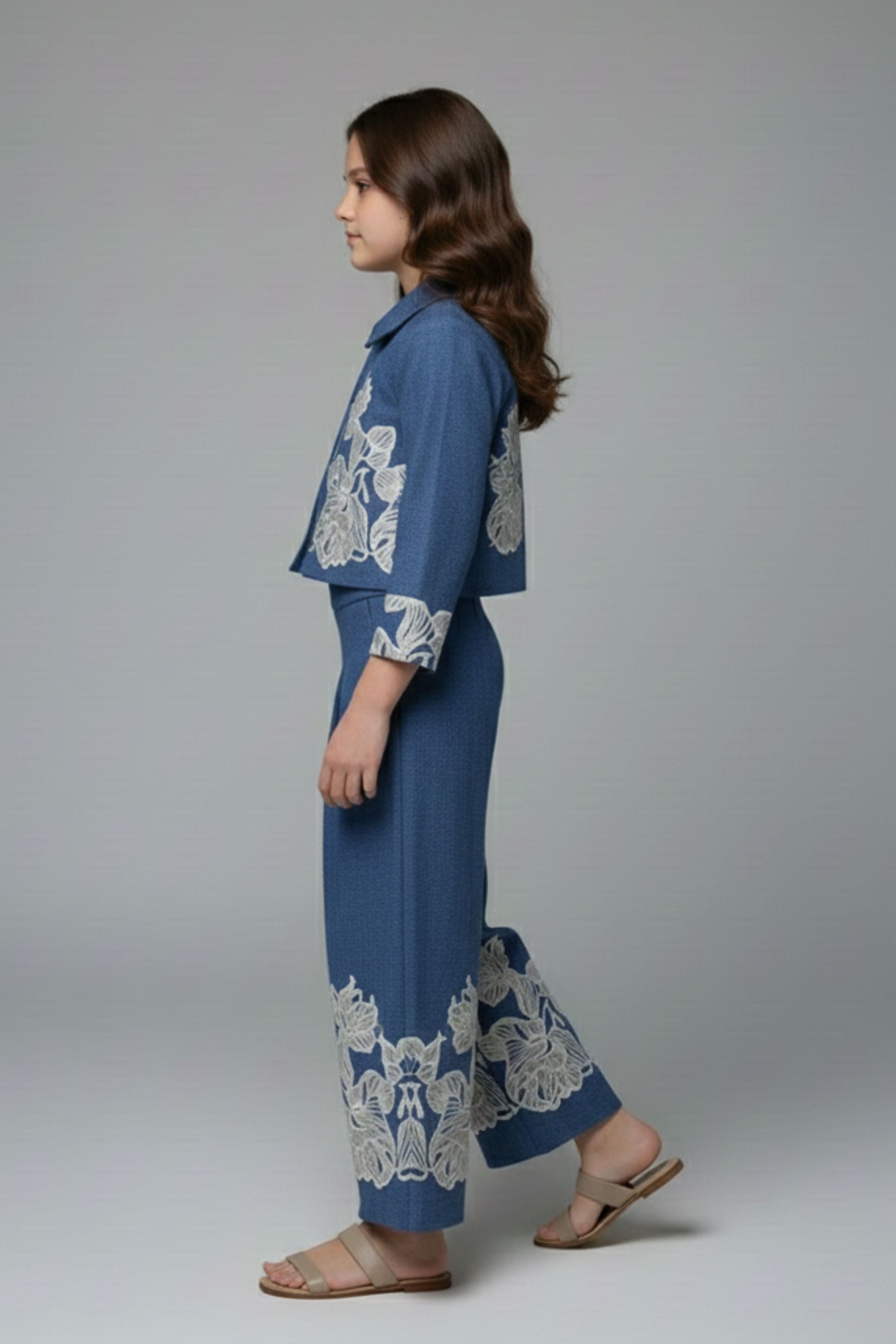 Tiny Girl Blue Embroidered Jacket & Wide-Leg Pants Co-Ord Set for Girls