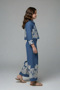 Tiny Girl Blue Embroidered Jacket & Wide-Leg Pants Co-Ord Set for Girls
