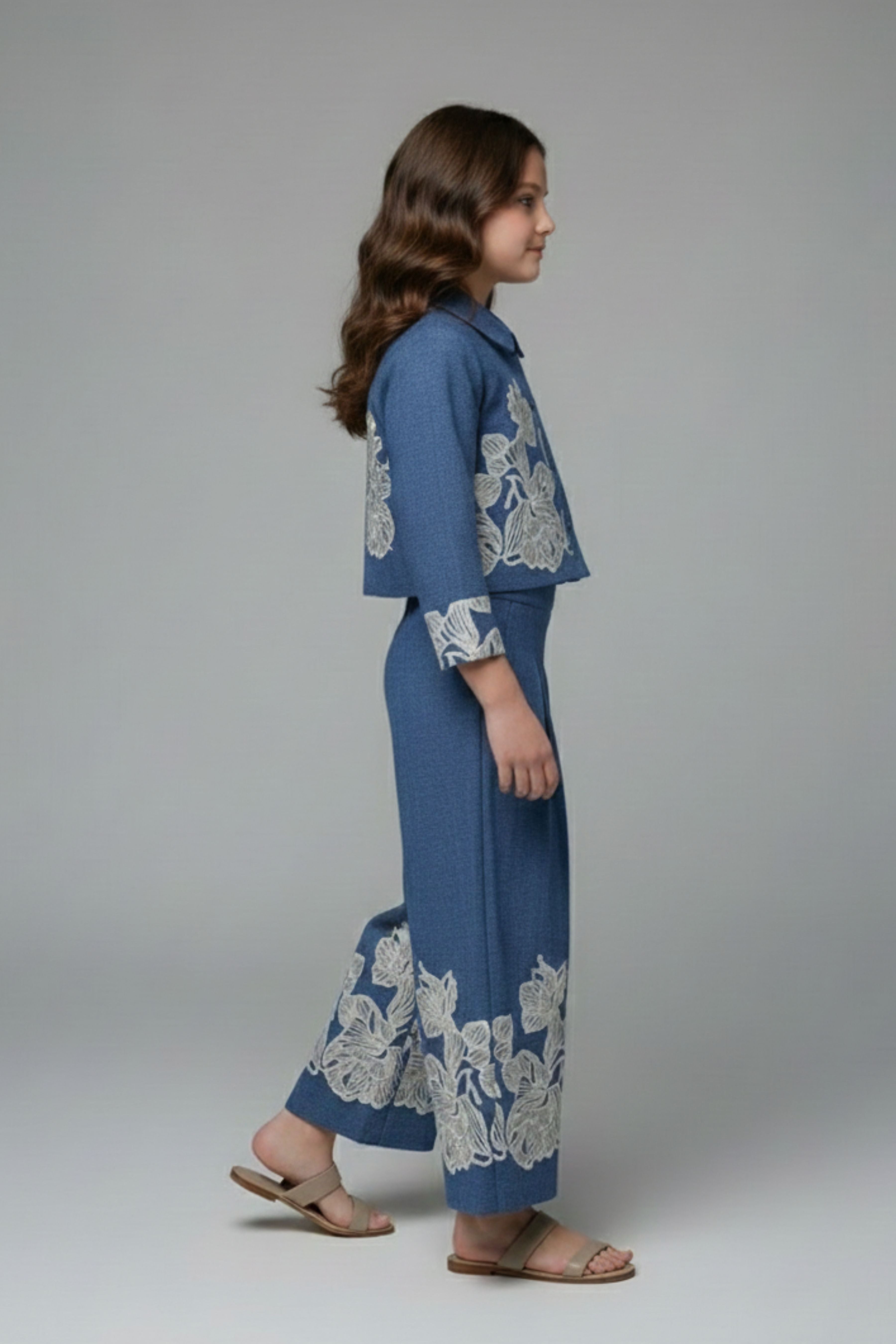 Tiny Girl Blue Embroidered Jacket & Wide-Leg Pants Co-Ord Set for Girls