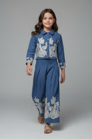 Tiny Girl Blue Embroidered Jacket & Wide-Leg Pants Co-Ord Set for Girls