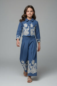 Tiny Girl Blue Embroidered Jacket & Wide-Leg Pants Co-Ord Set for Girls