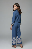 Tiny Girl Blue Embroidered Jacket & Wide-Leg Pants Co-Ord Set for Girls