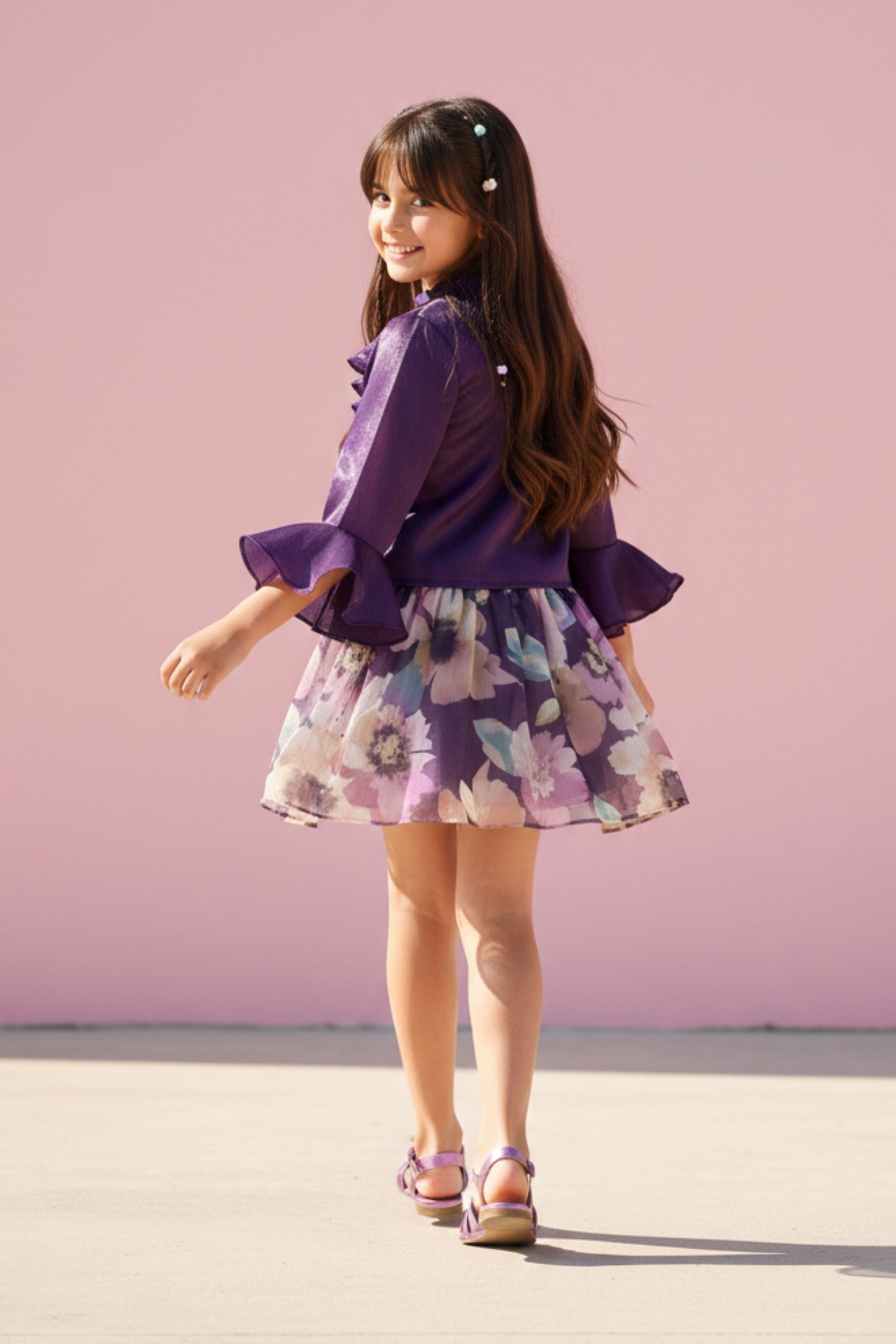 Purple Floral Co-Ord Set with Ruffle Top & Printed Skirt SET3224