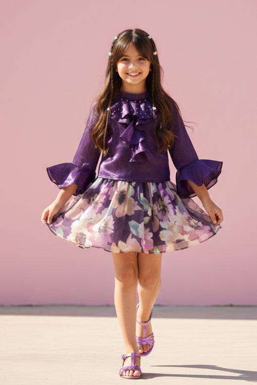 Purple Floral Co-Ord Set with Ruffle Top & Printed Skirt SET3224