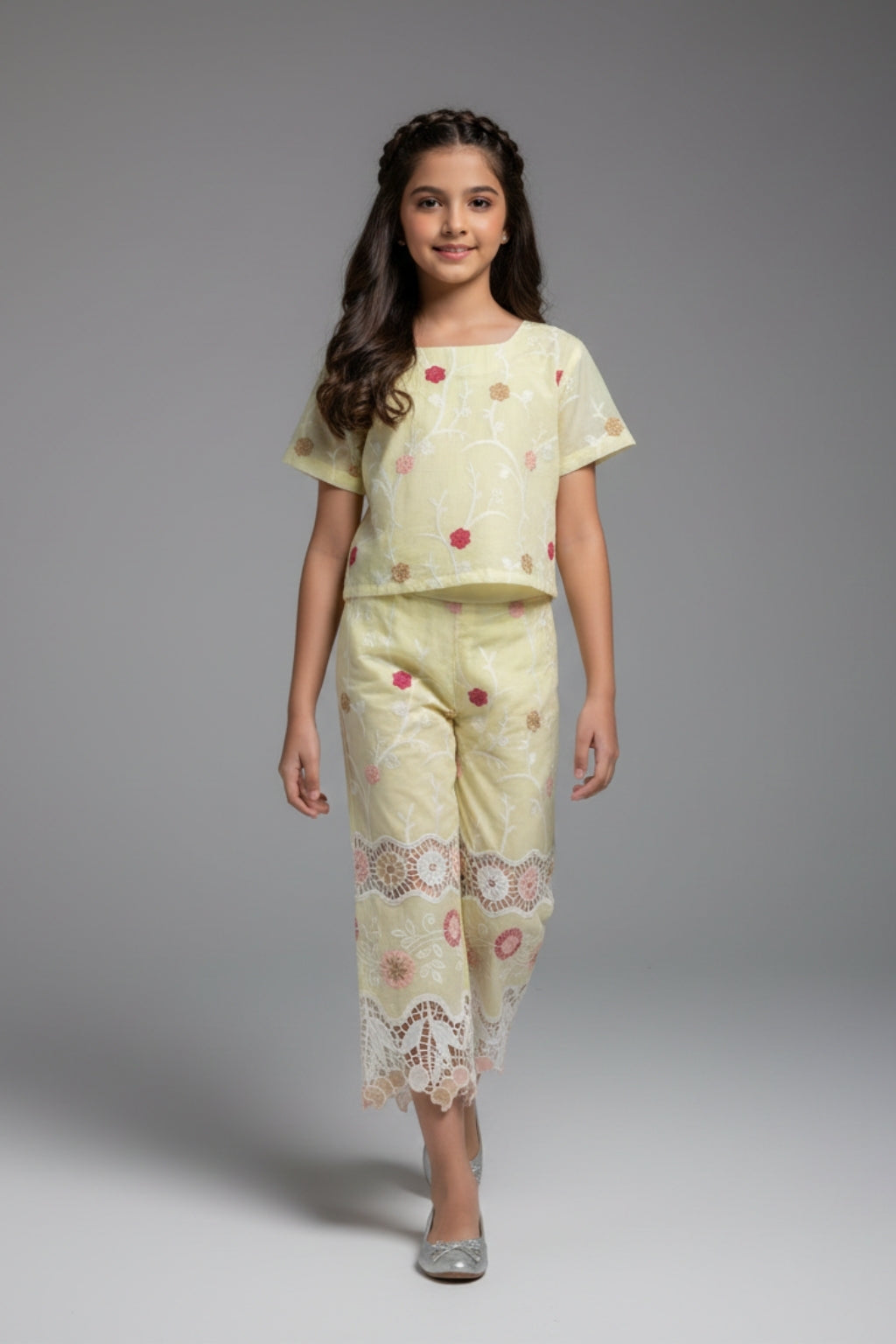 Girls Lemon Yellow Floral Embroidered Co-ord Set 3242