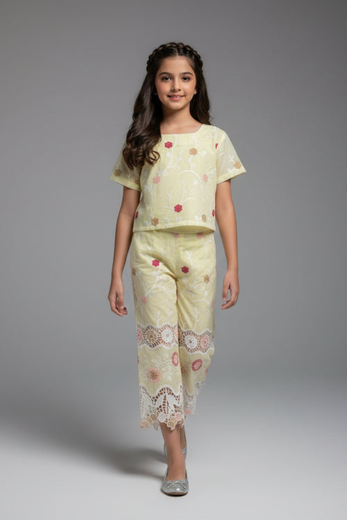 Girls Lemon Yellow Floral Embroidered Co-ord Set 3242