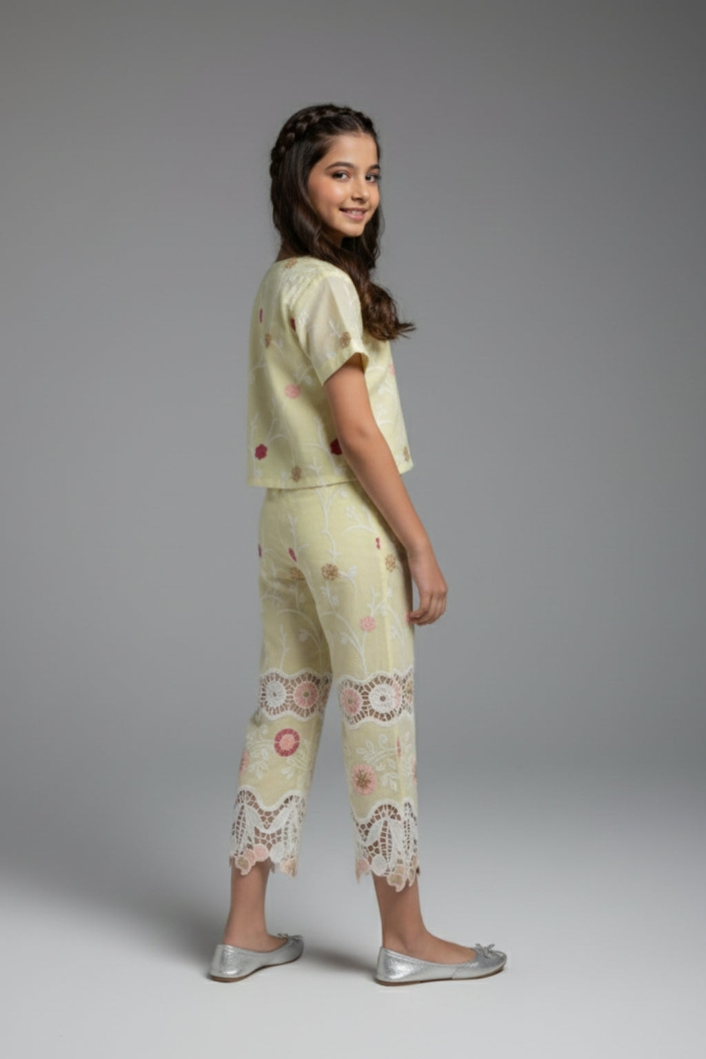 Girls Lemon Yellow Floral Embroidered Co-ord Set 3242