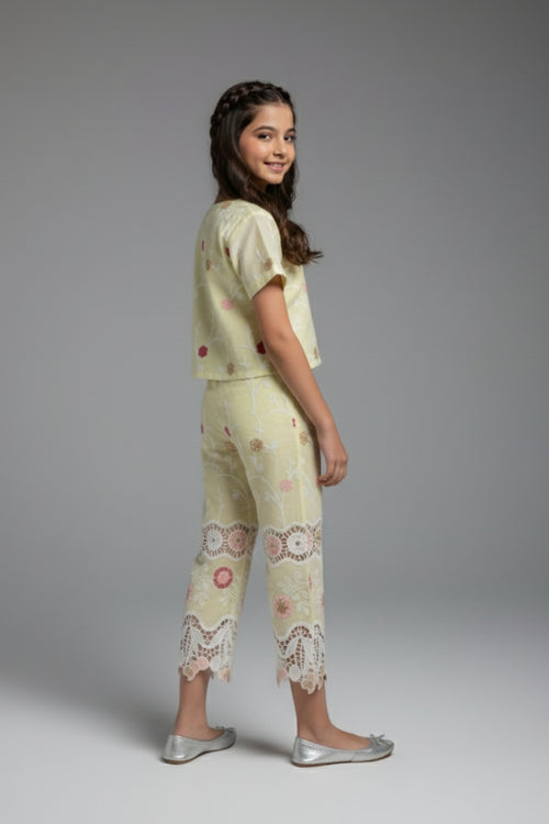 Girls Lemon Yellow Floral Embroidered Co-ord Set 3242