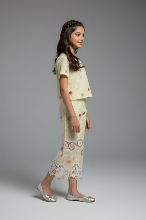 Girls Lemon Yellow Floral Embroidered Co-ord Set 3242