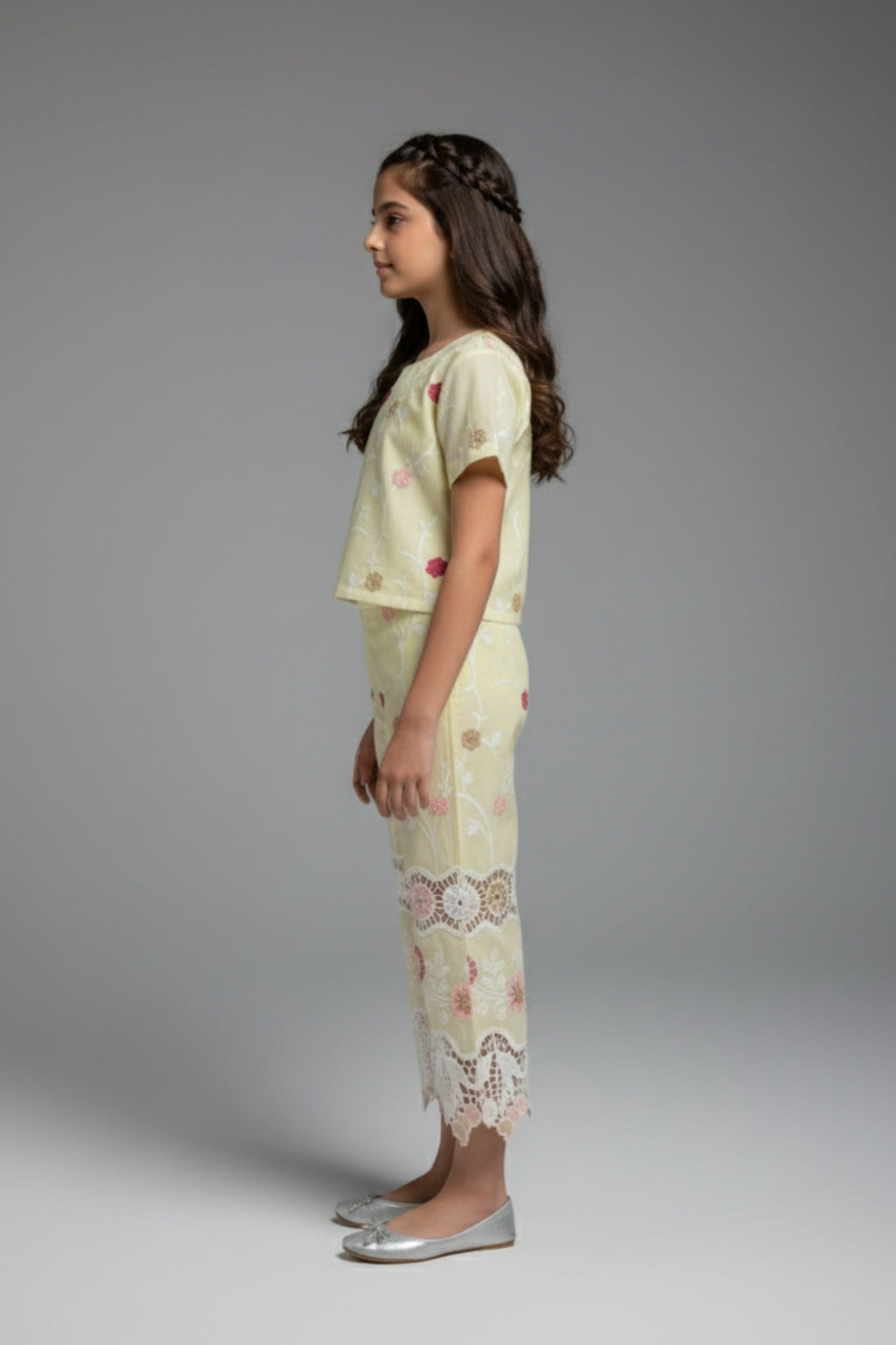 Girls Lemon Yellow Floral Embroidered Co-ord Set 3242