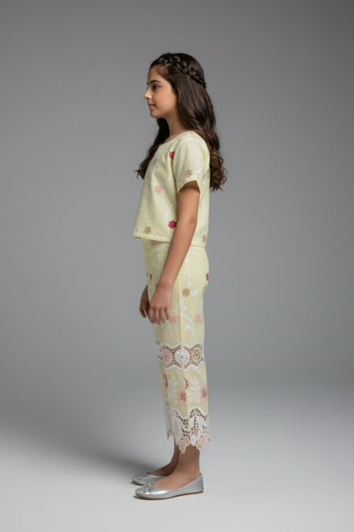 Girls Lemon Yellow Floral Embroidered Co-ord Set 3242