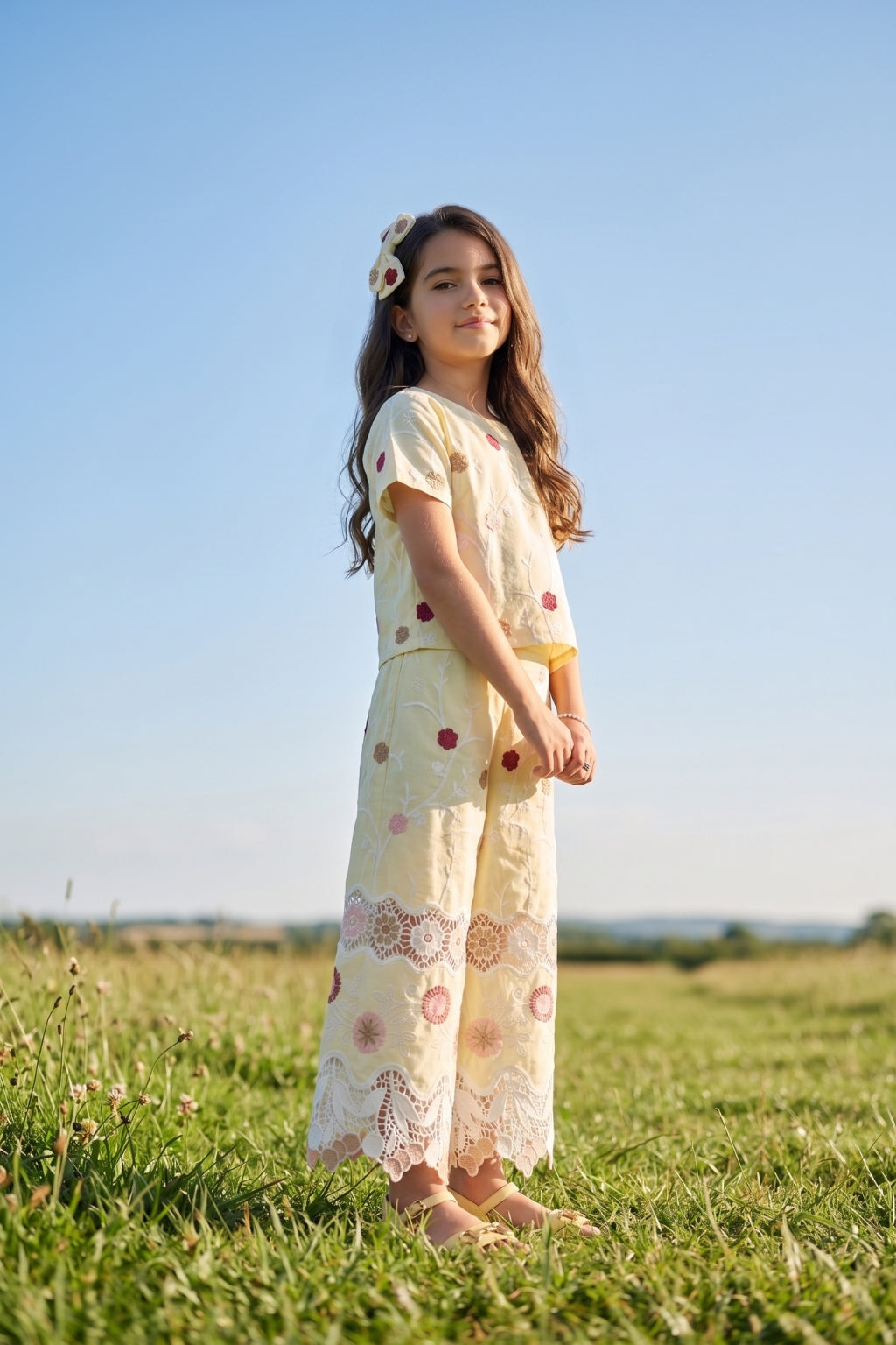 Girls Lemon Yellow Floral Embroidered Co-ord Set 3242
