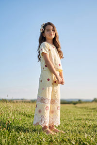 Girls Lemon Yellow Floral Embroidered Co-ord Set 3242