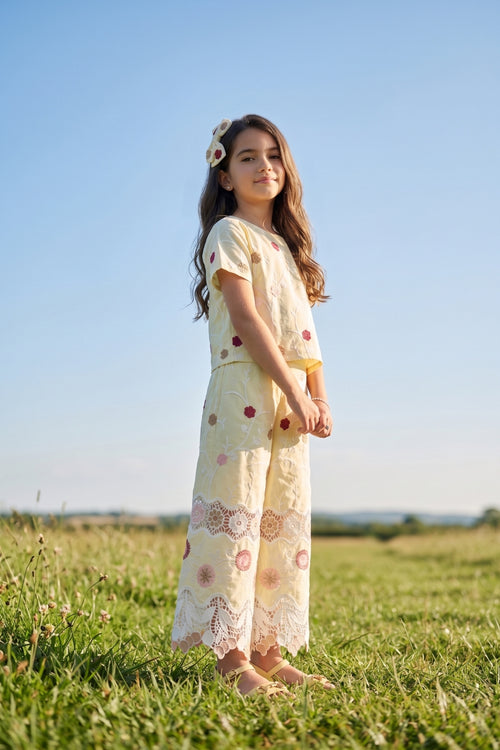 Girls Lemon Yellow Floral Embroidered Co-ord Set 3242