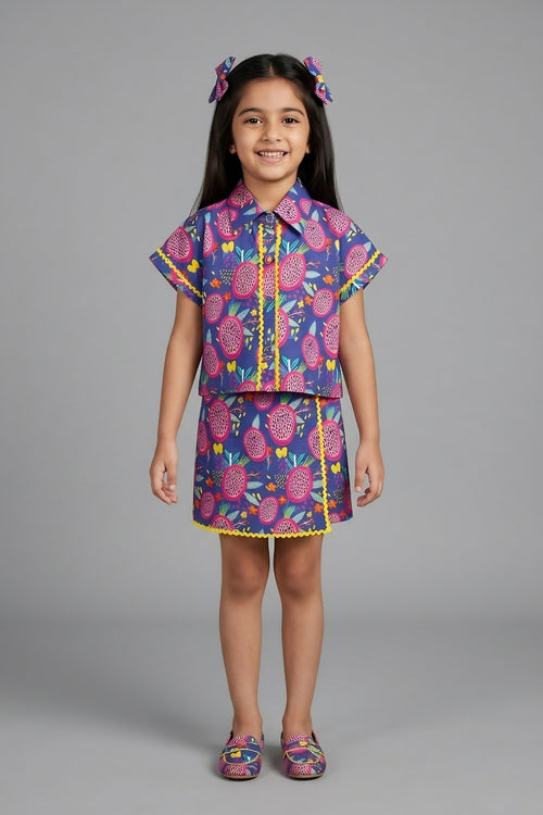 Girls Navy Blue Printed Co-ord Set 3248