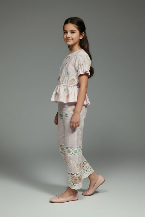 Girls Pink Embroidered Peplum Co-ord Set 3250