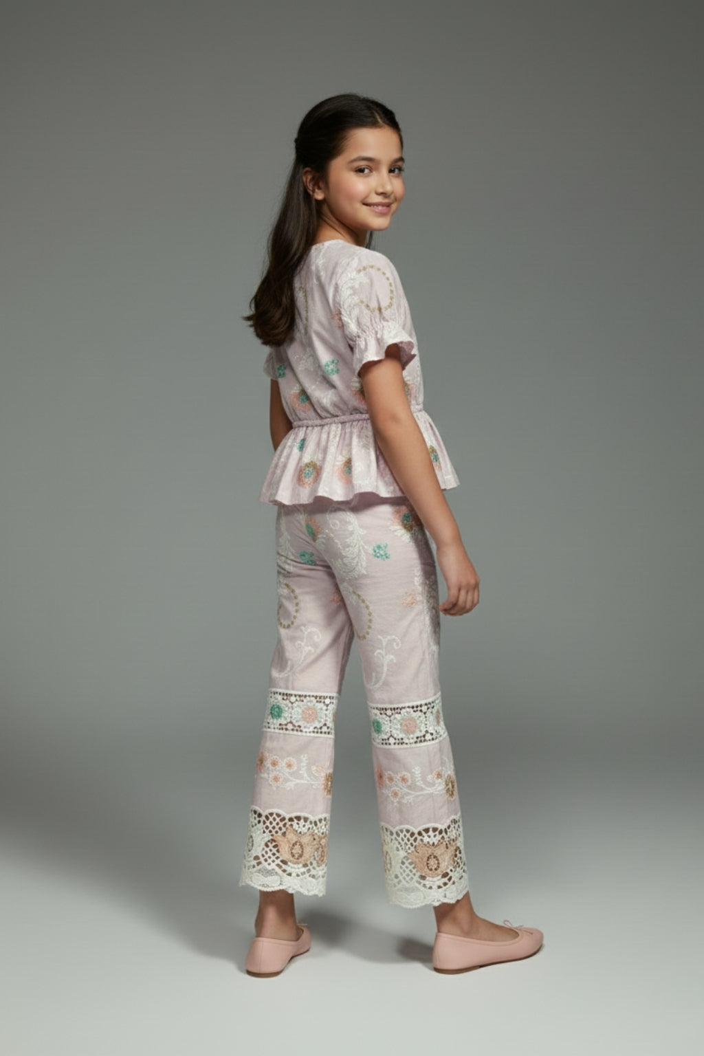 Girls Pink Embroidered Peplum Co-ord Set 3250