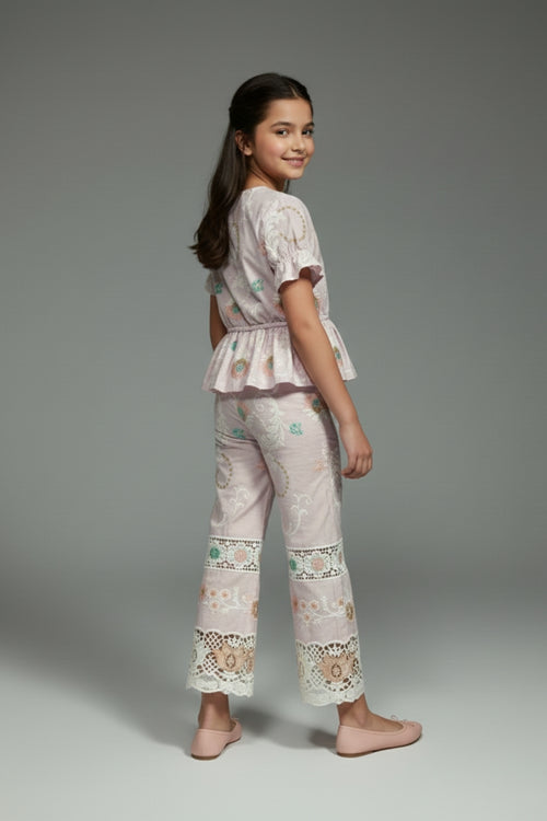 Girls Pink Embroidered Peplum Co-ord Set 3250