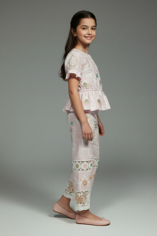 Girls Pink Embroidered Peplum Co-ord Set 3250