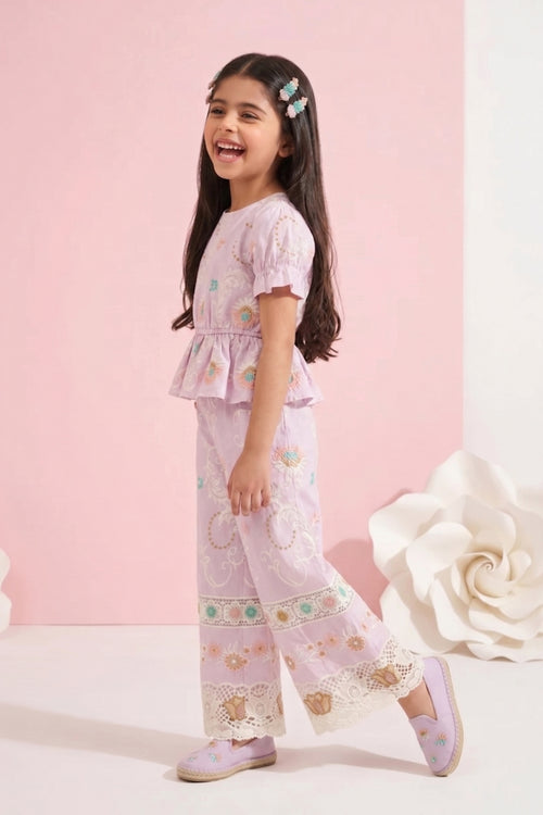 Girls Pink Embroidered Peplum Co-ord Set 3250