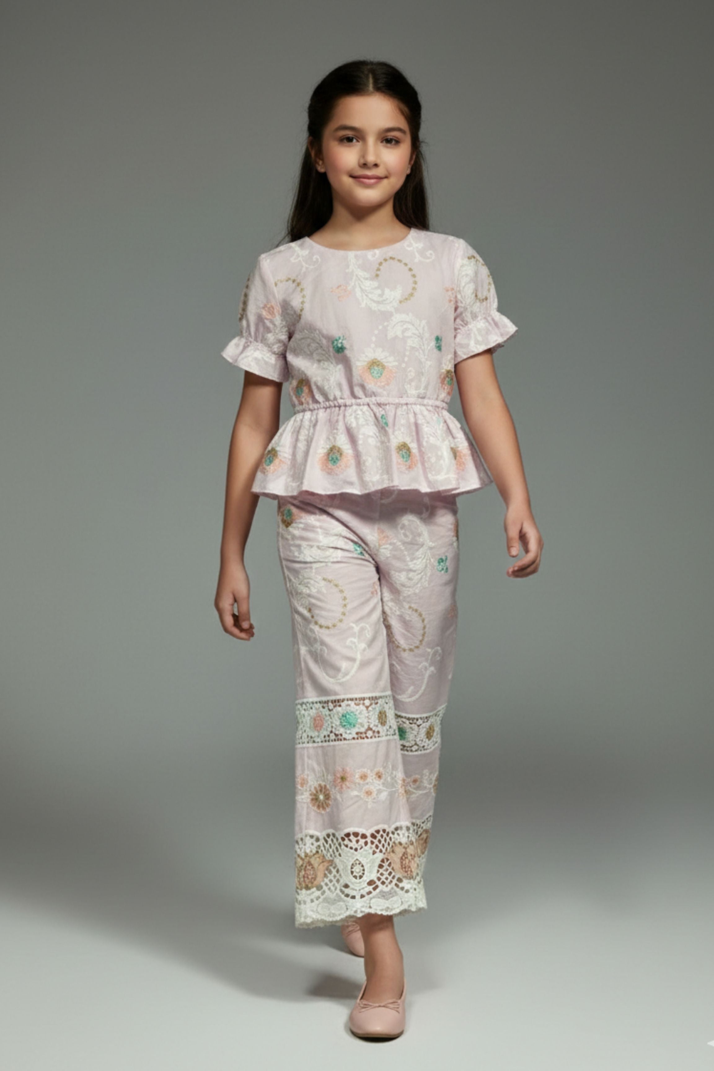 Girls Pink Embroidered Peplum Co-ord Set 3250