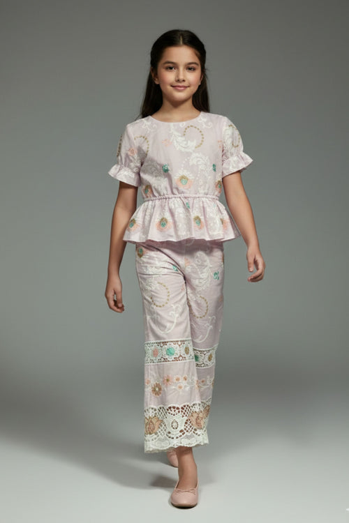 Girls Pink Embroidered Peplum Co-ord Set 3250