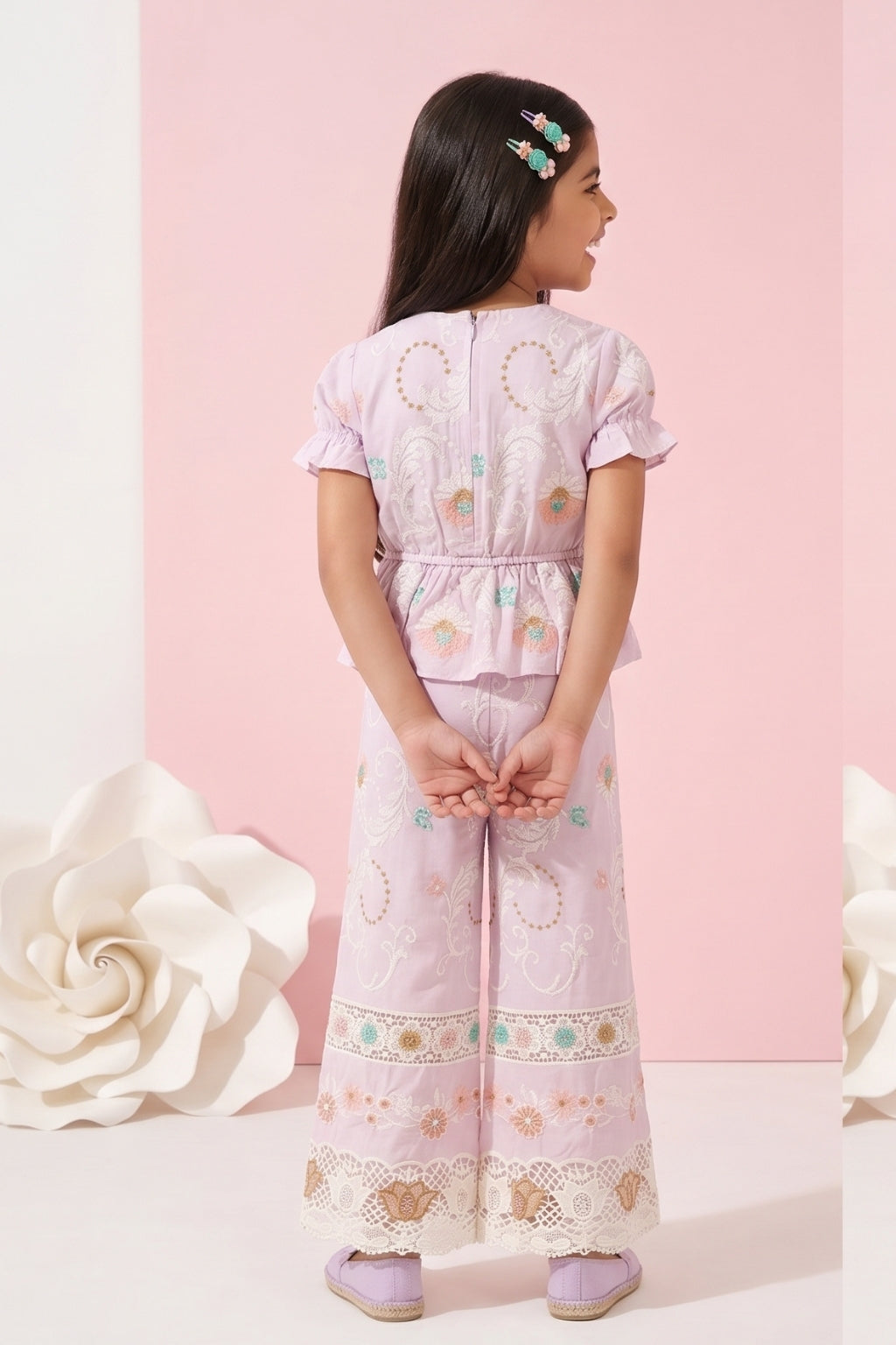 Girls Pink Embroidered Peplum Co-ord Set 3250